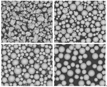 不同制备工艺Ti-6Al-4V粉末扫描电镜SEM图: (a) 水雾化法; (b) 气雾化法; (c) 等离子体雾化法; (d) 等离子体旋转电极雾化法。.png